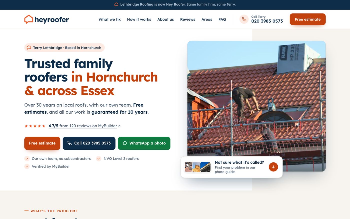 Hey Roofer’s new homepage on a computer