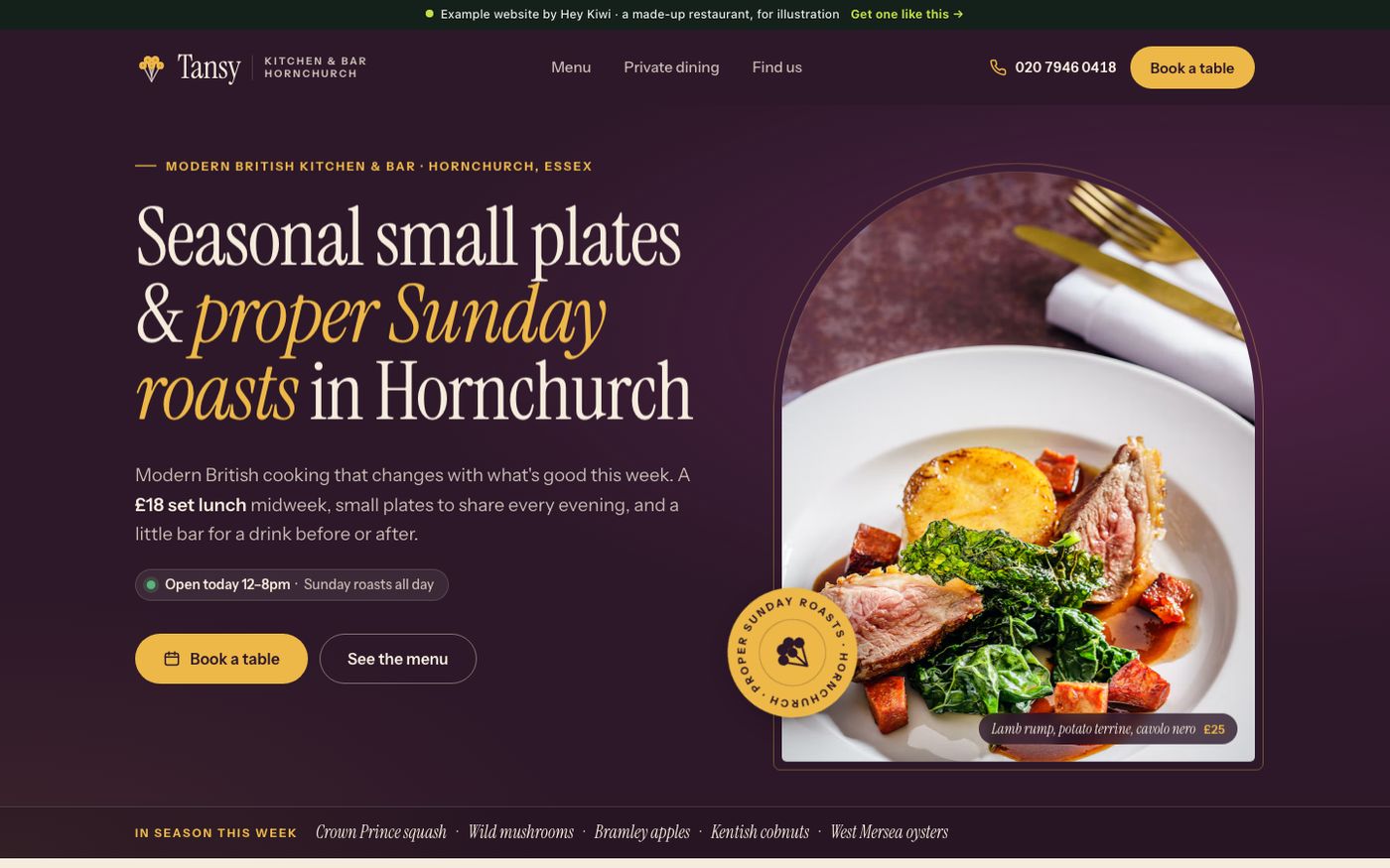 Example restaurant homepage on a computer